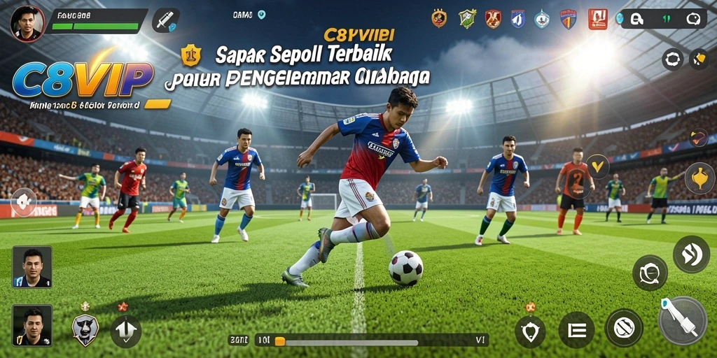 Screenshot gameplay C8VIP menampilkan aksi seru di lapangan sepak bola.