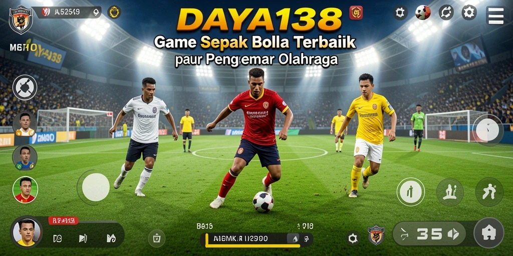 Screenshot utama dari gameplay sepak bola yang mendebarkan.