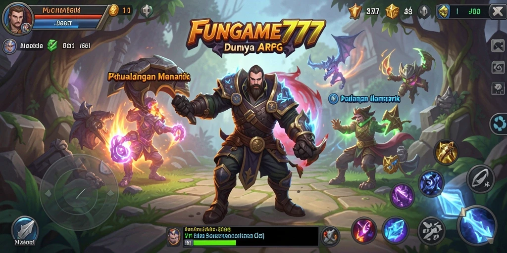 Screenshot gameplay <strong>FUNGAME777</strong> menampilkan pertarungan seru dan karakter yang beragam.
