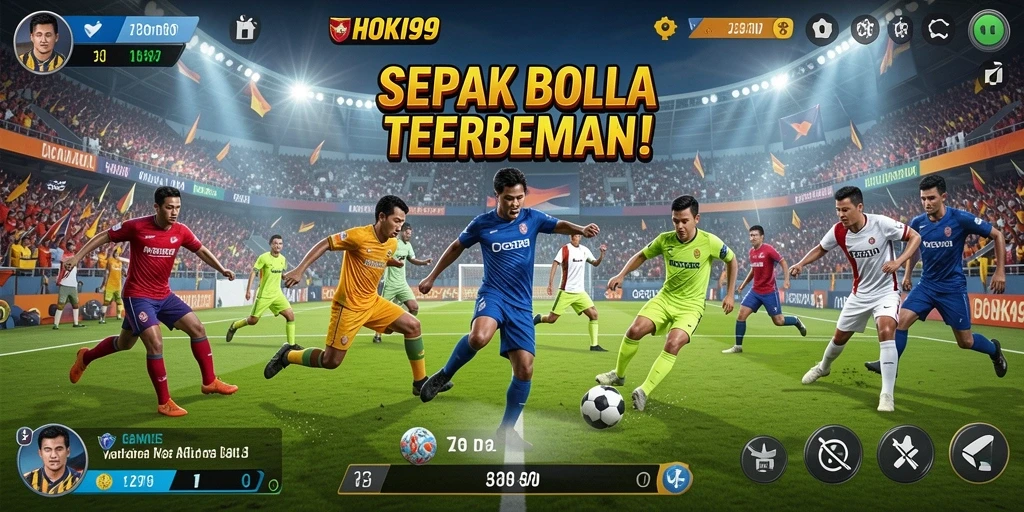 Screenshot utama HOKI99 menampilkan aksi seru di lapangan sepak bola.