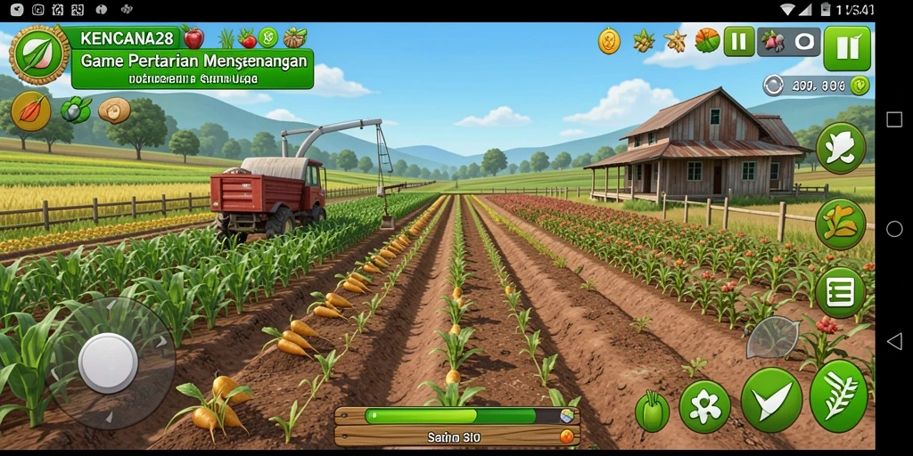 Tangkapan layar gameplay KENCANA28 menunjukkan ladang indah dengan tanaman yang subur.