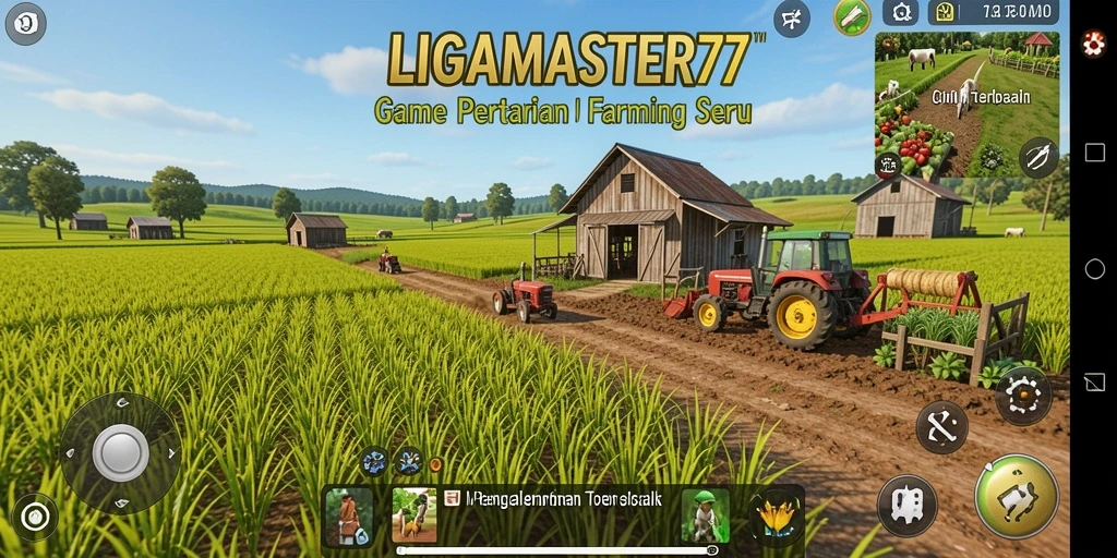 Gameplay seru LIGAMASTER77 dengan berbagai tanaman dan alat pertanian.