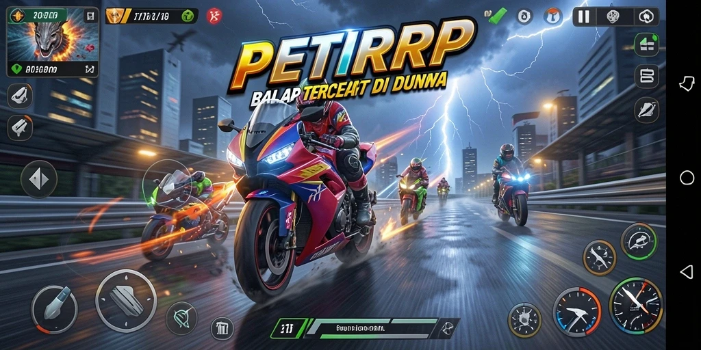 Tampilan gameplay PETIRRP yang seru dan penuh aksi di trek balap.