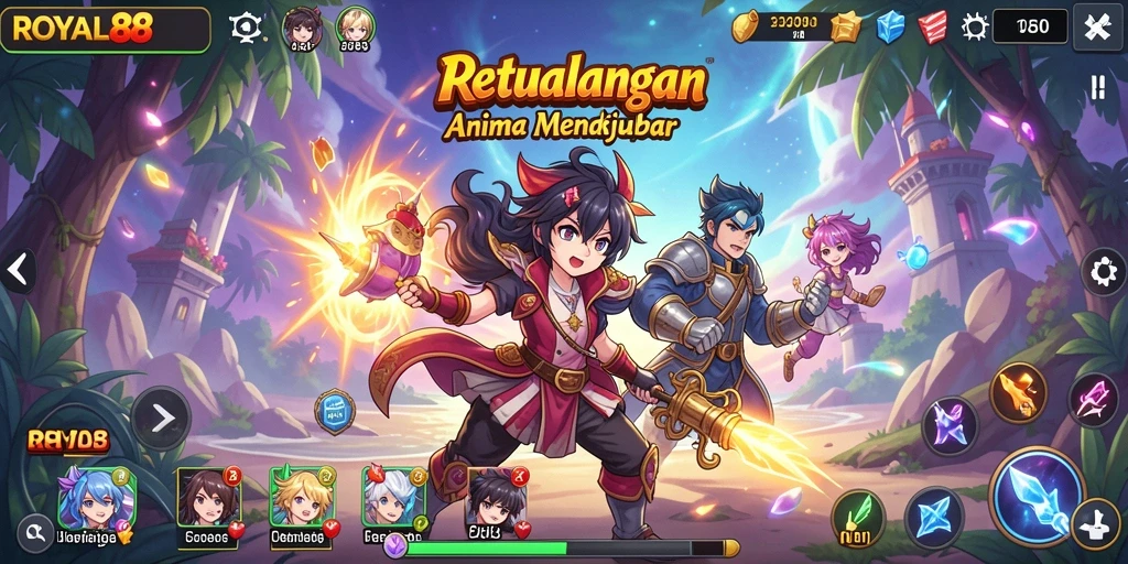 Tangkapan layar gameplay ROYAL88 menampilkan karakter anime beraksi.